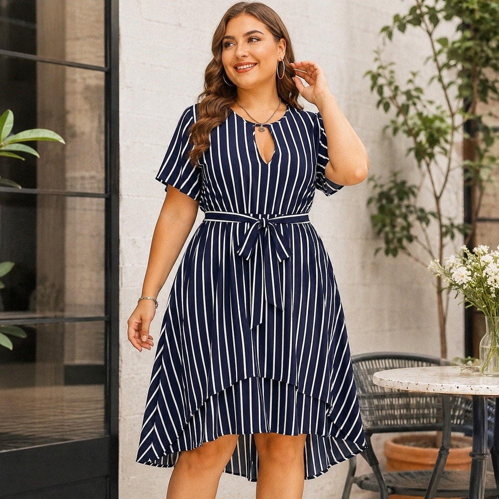 Midnight Doll Navy White Striped High Low Dress Keyhole Back Size 7